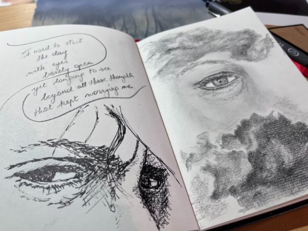 ‘Eyes barely open but longing to see’ – studies voor ‘Path’ in fineliner en potlood (schetsboek)